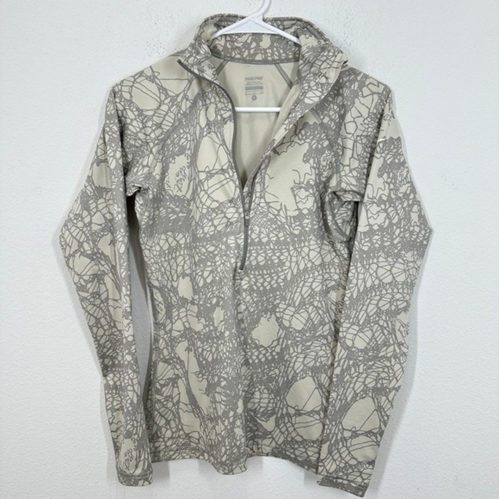 Nike Pro Dri Fit Women's Cream Grey Geometric Print Half Zip Pullover Top XS